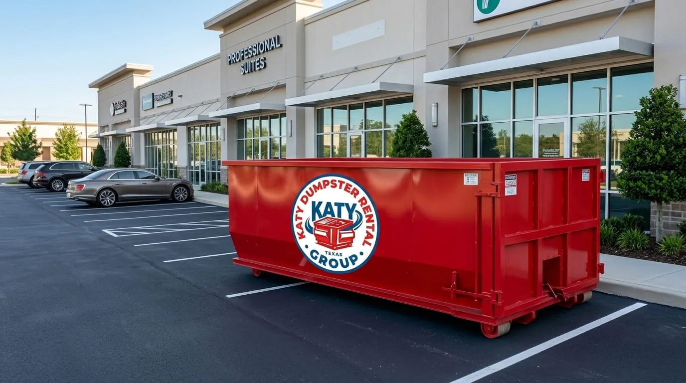 Commercial roll-off container in a retail parking lot in Katy, Texas Commercial roll-off container in a retail parking lot in Katy, Texas