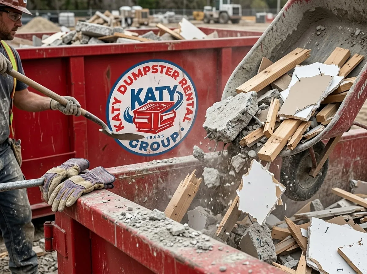 Worker loading broken concrete and drywall into a roll-off container in Katy, Texas