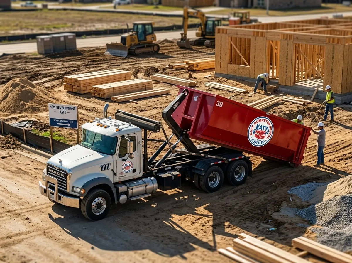 Roll-off truck delivering a container to a large framing site in Katy, Texas Roll-off truck delivering a container to a large framing site in Katy, Texas