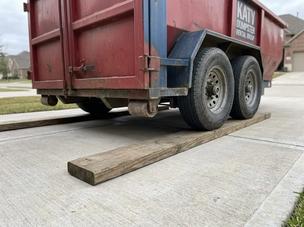 Close-up of roll-off dumpster wheels resting on timber protection boards on a driveway