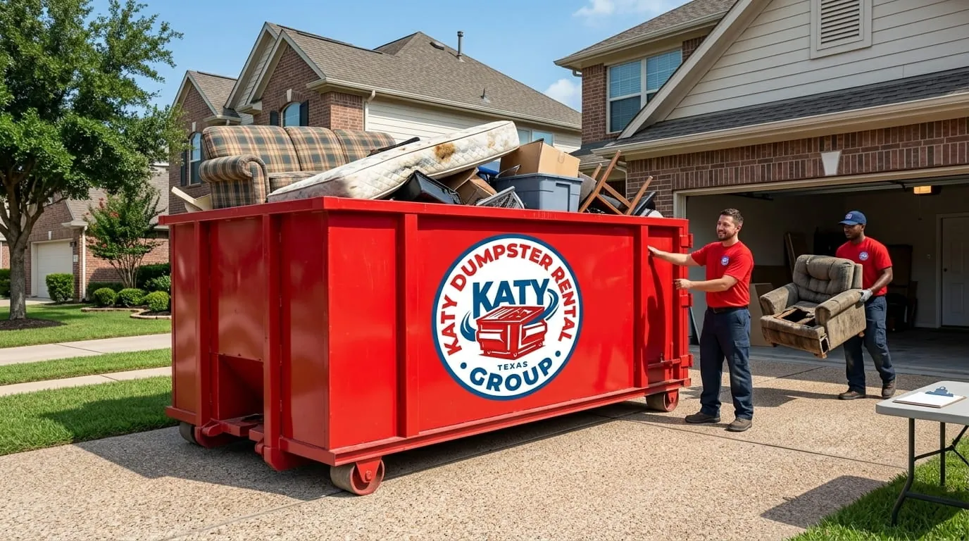 Two people loading a roll-off dumpster on a residential driveway in Katy, Texas