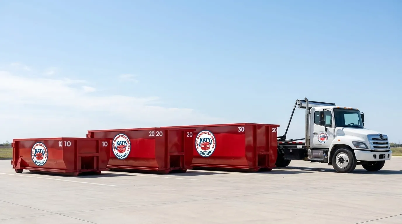 10, 15, 20 and 30 yard roll-off dumpsters lined up ready for rent in Katy, TX 10, 15, 20 and 30 yard roll-off dumpsters lined up ready for rent in Katy, TX