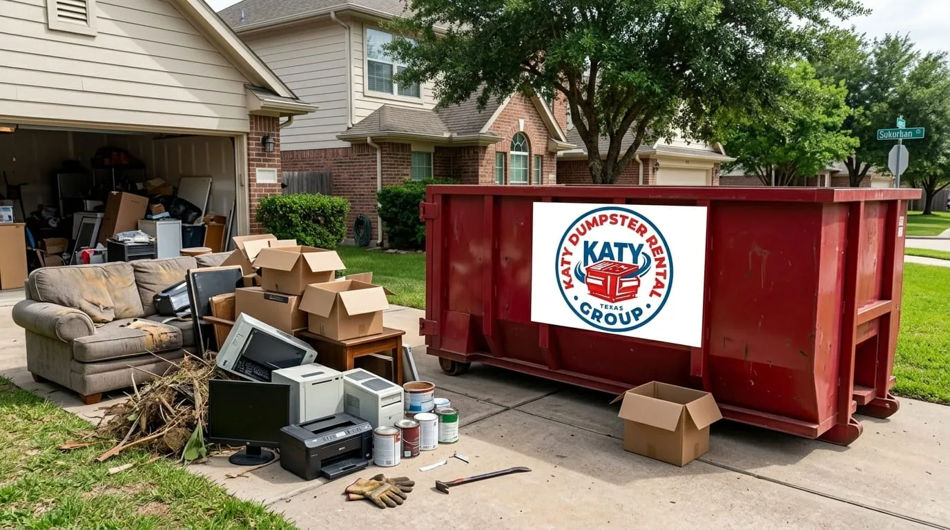 Driveway stacked with furniture and boxes beside a roll-off container in Katy, Texas