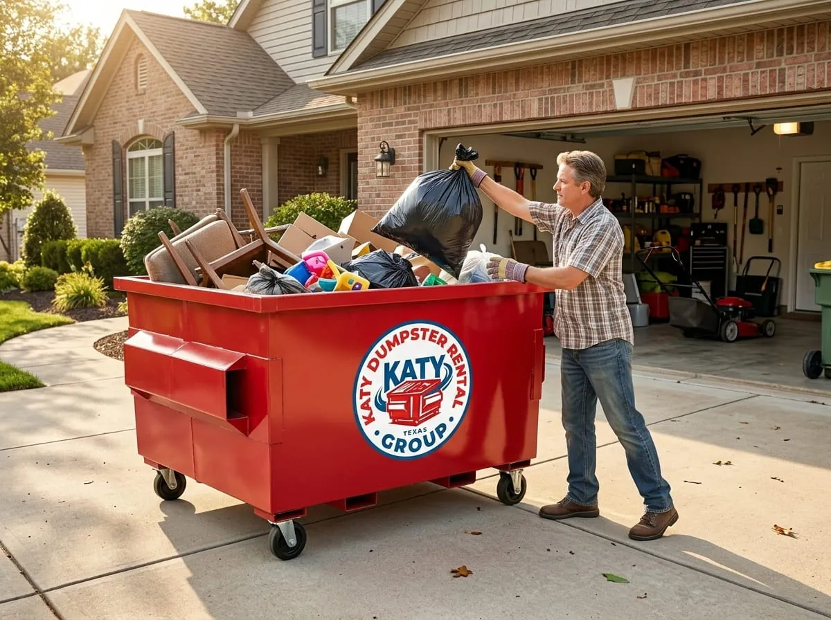 Homeowner loading bagged household waste into a roll-off dumpster in Katy, Texas Homeowner loading bagged household waste into a roll-off dumpster in Katy, Texas