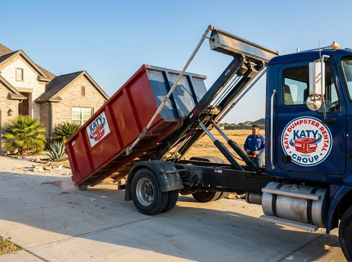 Roll-off truck delivering a dumpster to a residential address in Katy, TX Roll-off truck delivering a dumpster to a residential address in Katy, TX