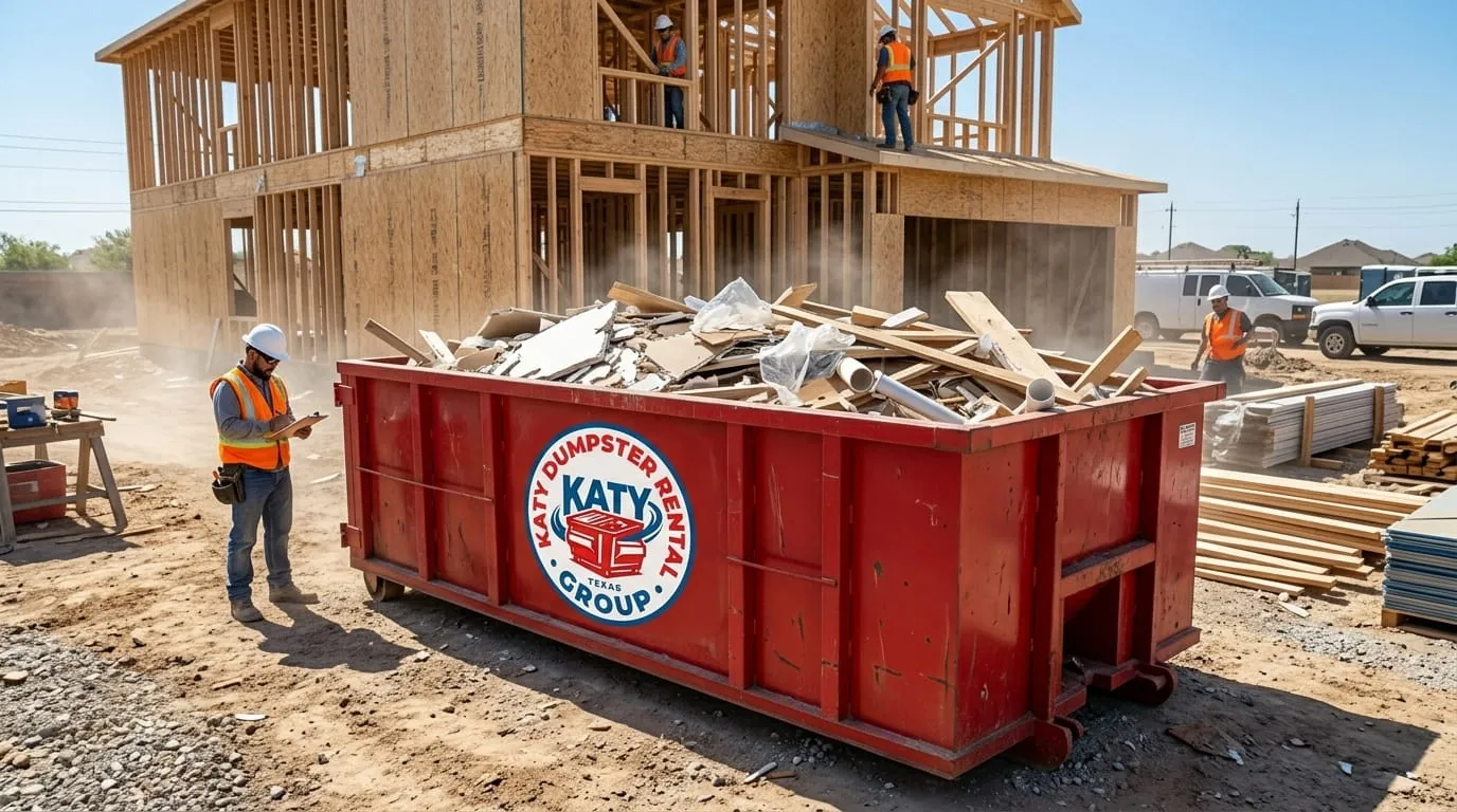 Roll-off container collecting debris at a two-storey framing job in Katy, Texas